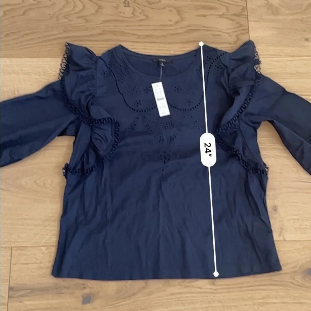 J.Crew Navy Embroidered Eyelet Ruffle Blouse Medium NWT